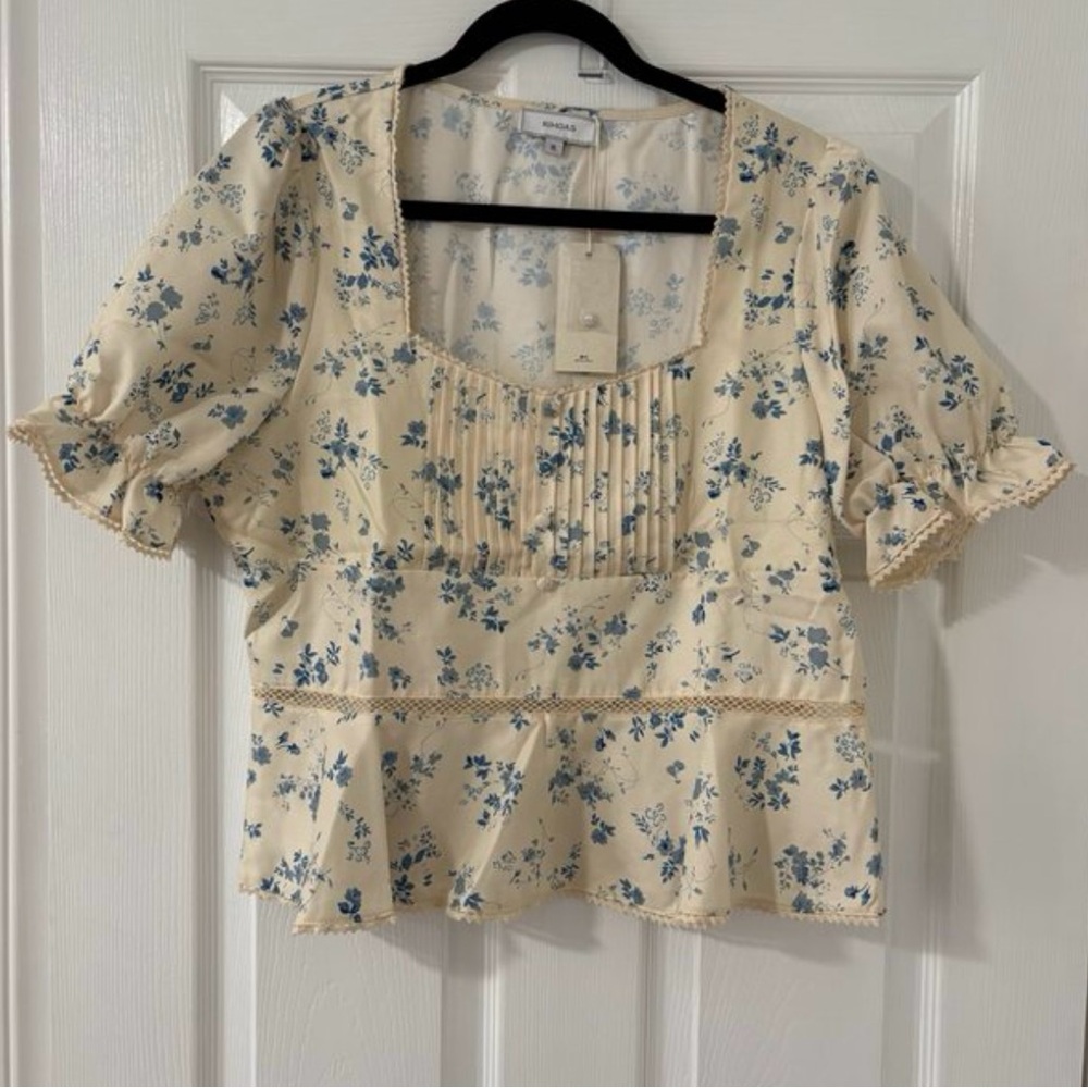 NWT Women’s Rihoas Cottagecore Floral Top Blouse Ivory Blue Designer Inspo XL